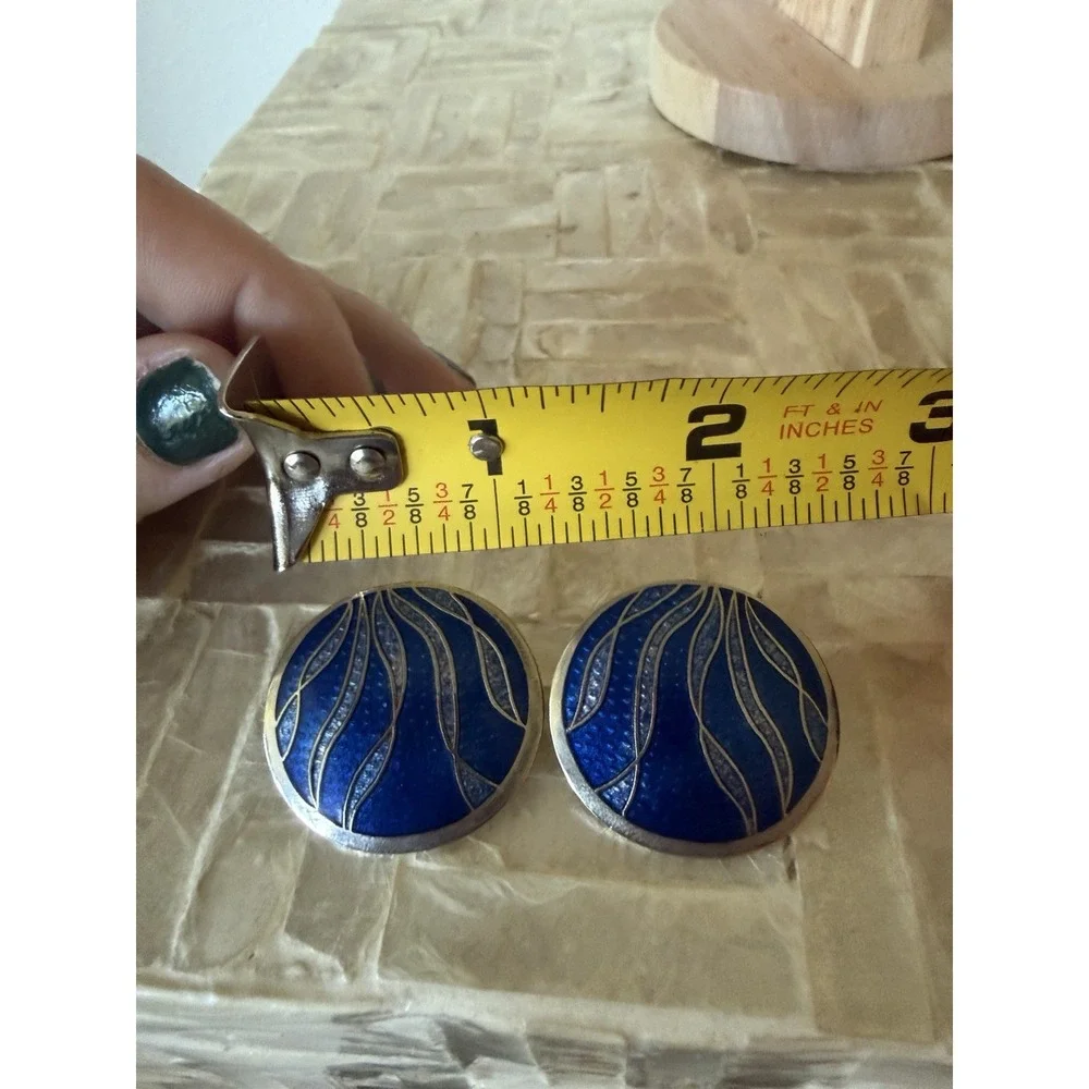 Vintage ILIS Cloisonné Earrings Blue Enamel Silver Tone Round Statement Earrings
